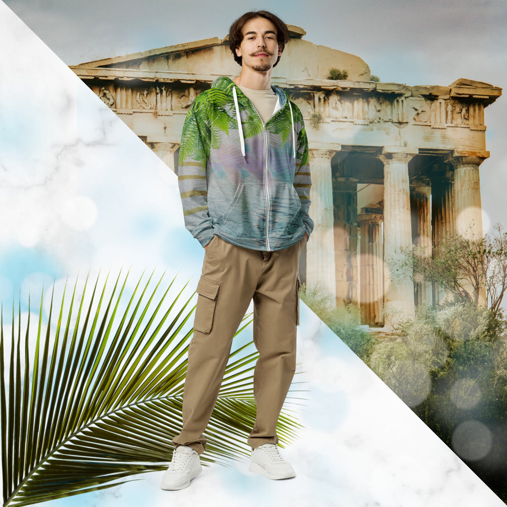 White marble vaporwave themed hoodie with fern leaves tropical plants digital water rain drop effects and retro abstract patterns with greco roman bust with neon pools logo for eyes palm trees and leaning towers on back gold bands on sleeves