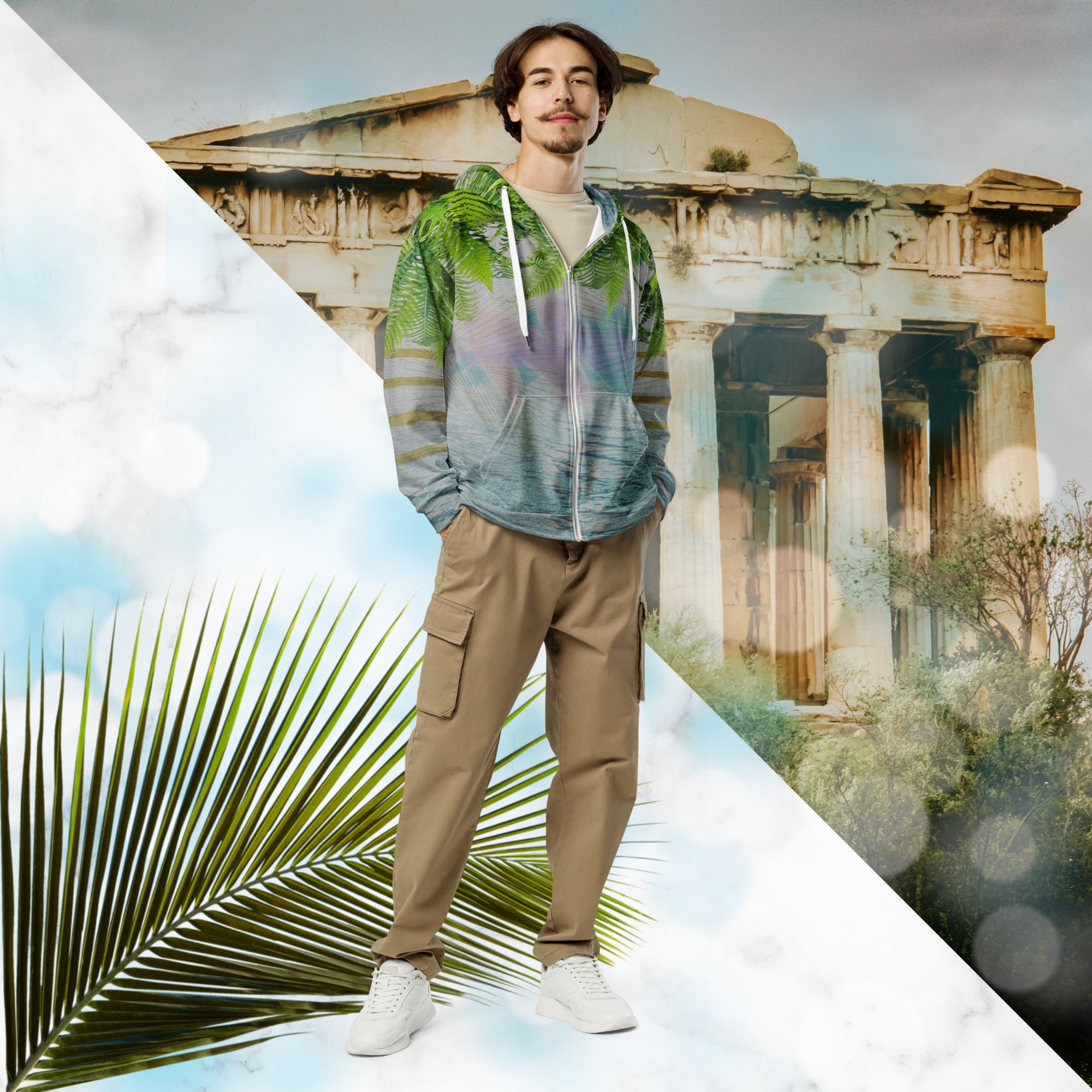 White marble vaporwave themed hoodie with fern leaves tropical plants digital water rain drop effects and retro abstract patterns with greco roman bust with neon pools logo for eyes palm trees and leaning towers on back gold bands on sleeves