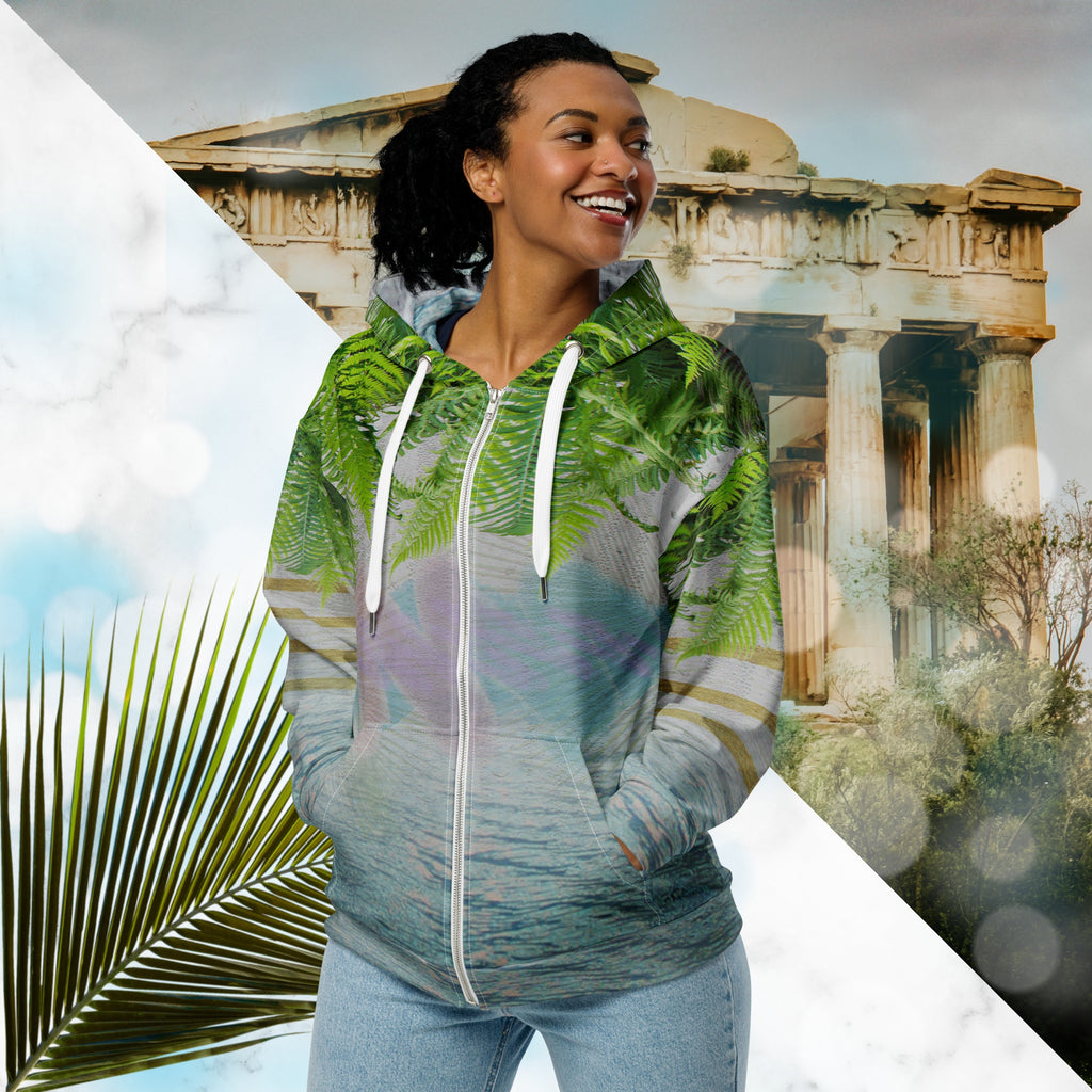 White marble vaporwave themed hoodie with fern leaves tropical plants digital water rain drop effects and retro abstract patterns with greco roman bust with neon pools logo for eyes palm trees and leaning towers on back gold bands on sleeves