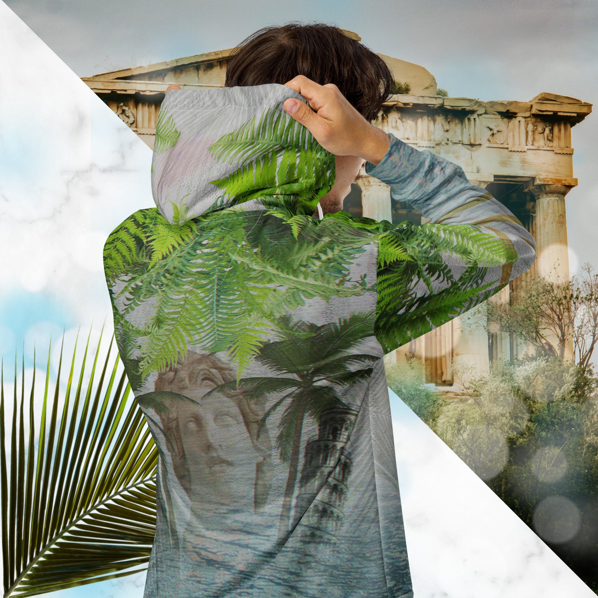 White marble vaporwave themed hoodie with fern leaves tropical plants digital water rain drop effects and retro abstract patterns with greco roman bust with neon pools logo for eyes palm trees and leaning towers on back gold bands on sleeves