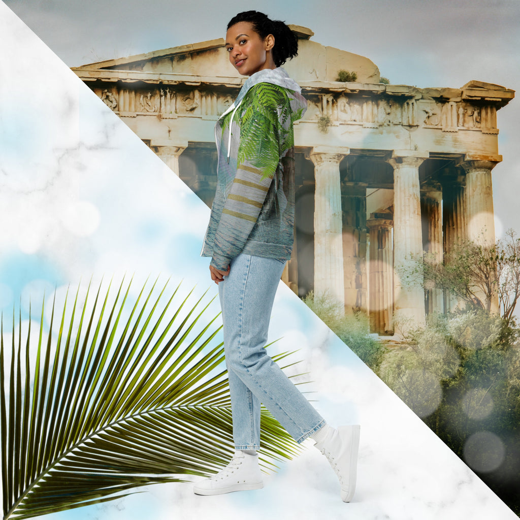 White marble vaporwave themed hoodie with fern leaves tropical plants digital water rain drop effects and retro abstract patterns with greco roman bust with neon pools logo for eyes palm trees and leaning towers on back gold bands on sleeves