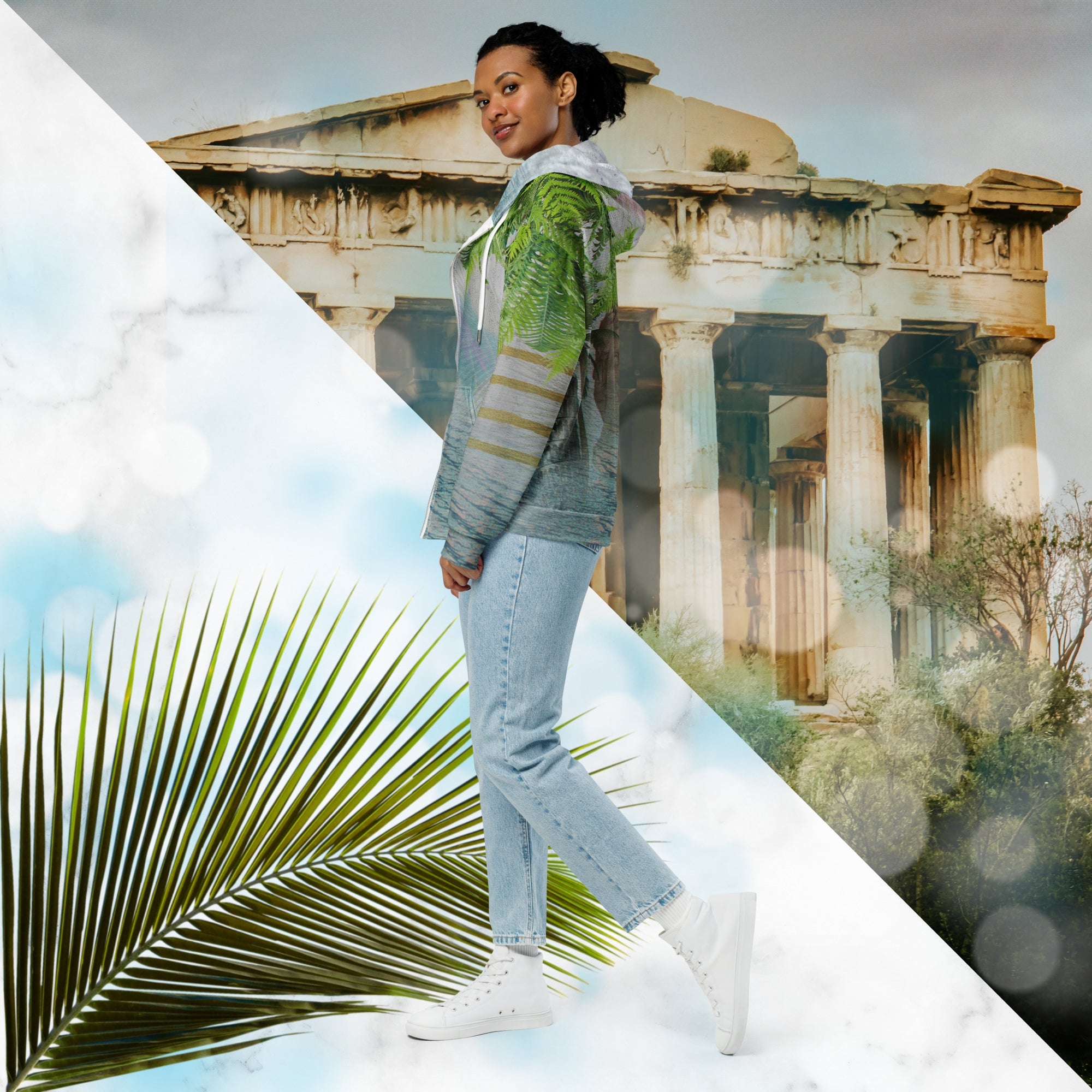 White marble vaporwave themed hoodie with fern leaves tropical plants digital water rain drop effects and retro abstract patterns with greco roman bust with neon pools logo for eyes palm trees and leaning towers on back gold bands on sleeves