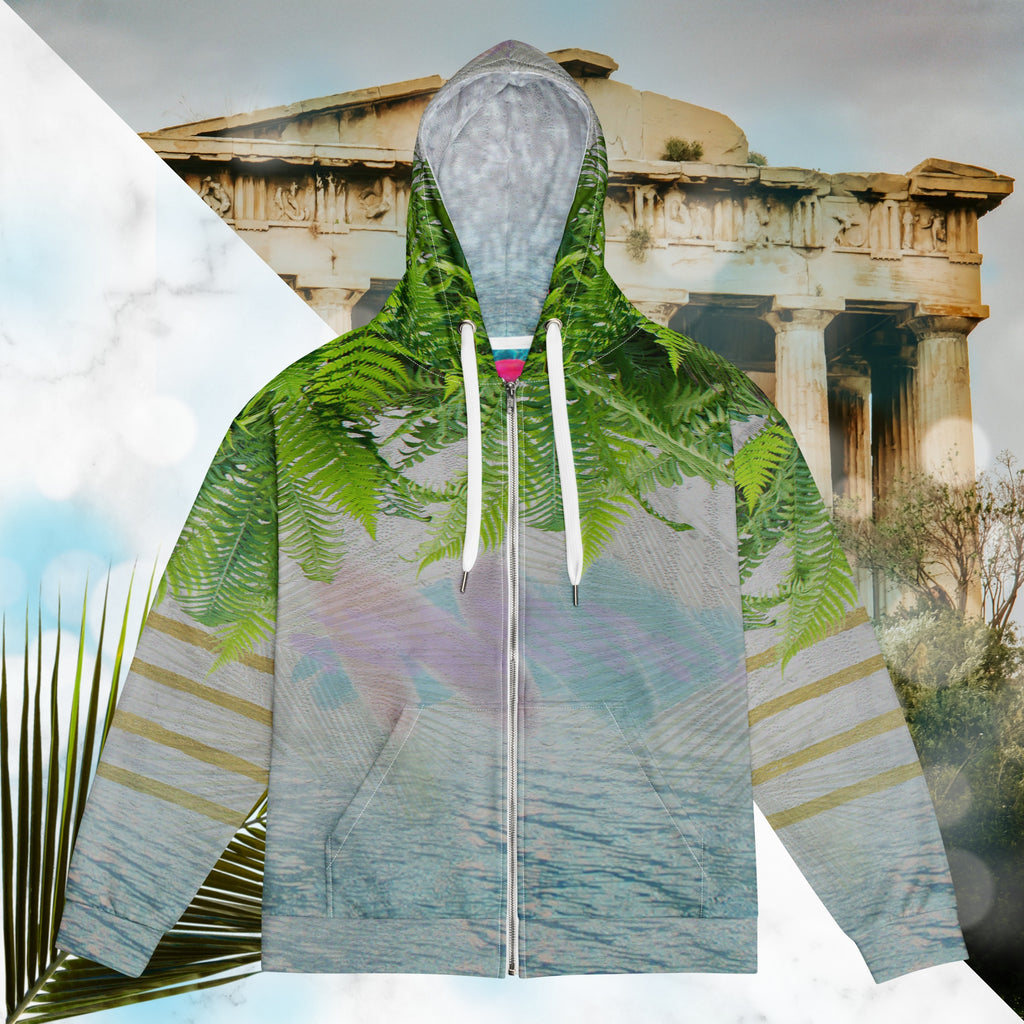 White marble vaporwave themed hoodie with fern leaves tropical plants digital water rain drop effects and retro abstract patterns with greco roman bust with neon pools logo for eyes palm trees and leaning towers on back gold bands on sleeves