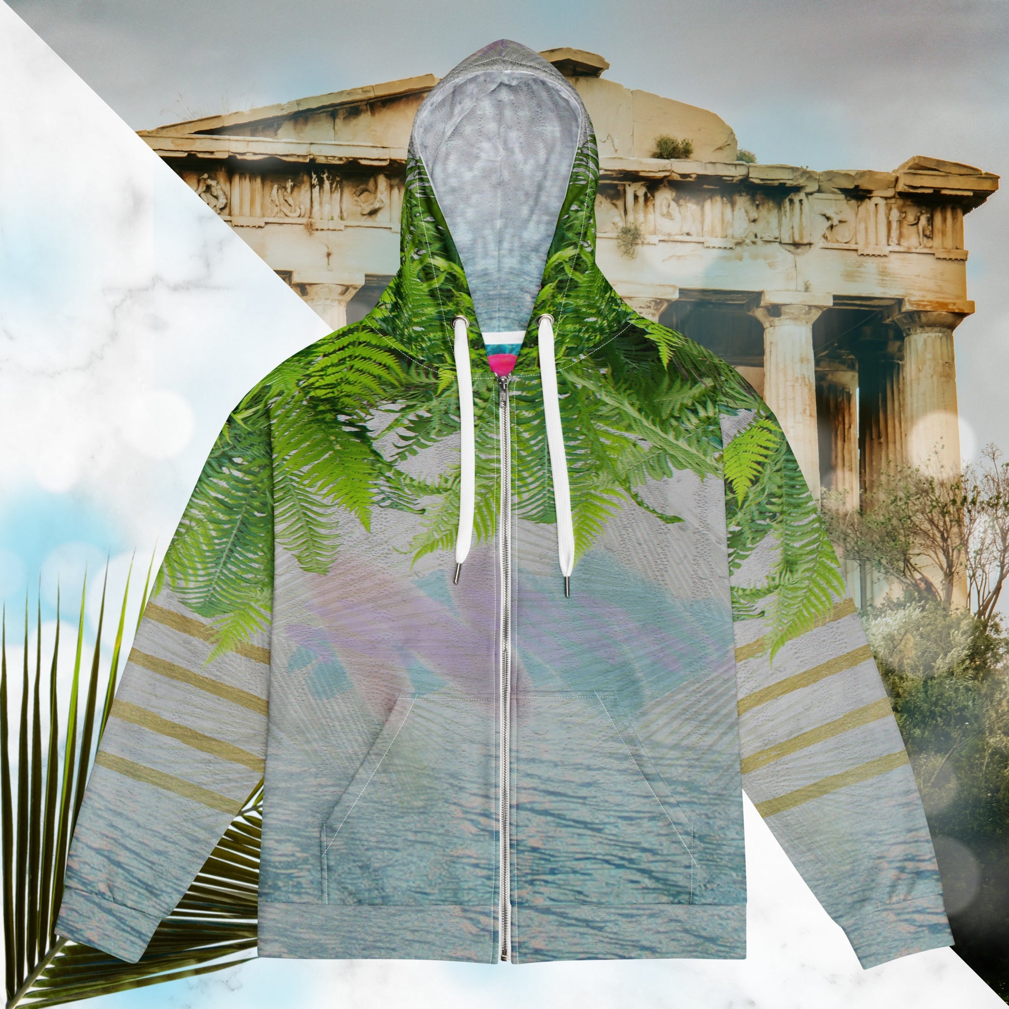 White marble vaporwave themed hoodie with fern leaves tropical plants digital water rain drop effects and retro abstract patterns with greco roman bust with neon pools logo for eyes palm trees and leaning towers on back gold bands on sleeves