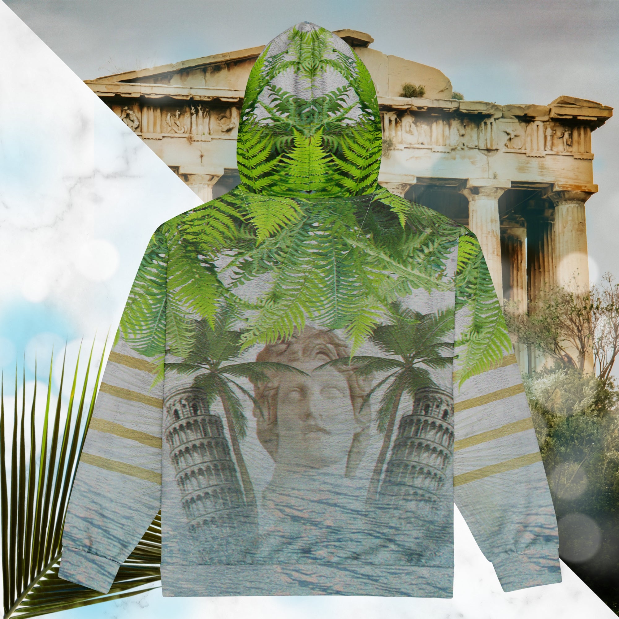 White marble vaporwave themed hoodie with fern leaves tropical plants digital water rain drop effects and retro abstract patterns with greco roman bust with neon pools logo for eyes palm trees and leaning towers on back gold bands on sleeves
