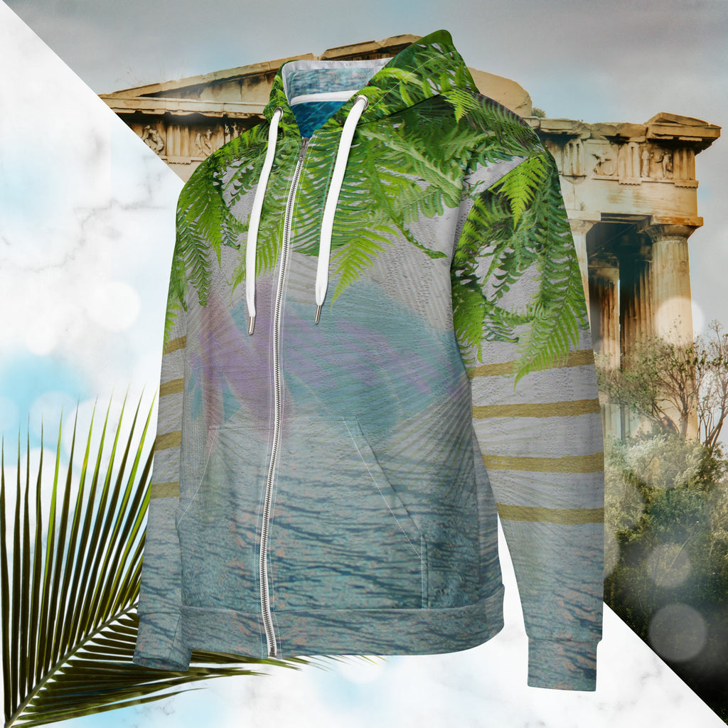 White marble vaporwave themed hoodie with fern leaves tropical plants digital water rain drop effects and retro abstract patterns with greco roman bust with neon pools logo for eyes palm trees and leaning towers on back gold bands on sleeves
