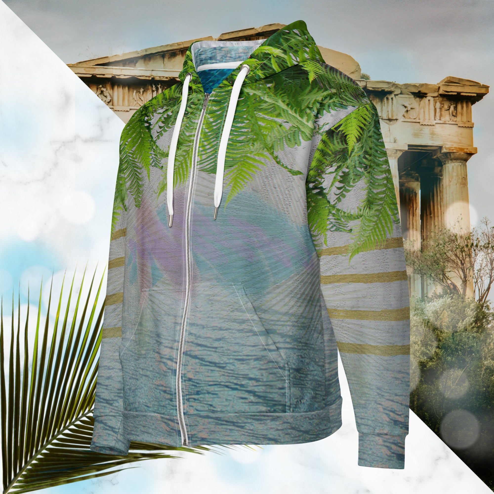 White marble vaporwave themed hoodie with fern leaves tropical plants digital water rain drop effects and retro abstract patterns with greco roman bust with neon pools logo for eyes palm trees and leaning towers on back gold bands on sleeves
