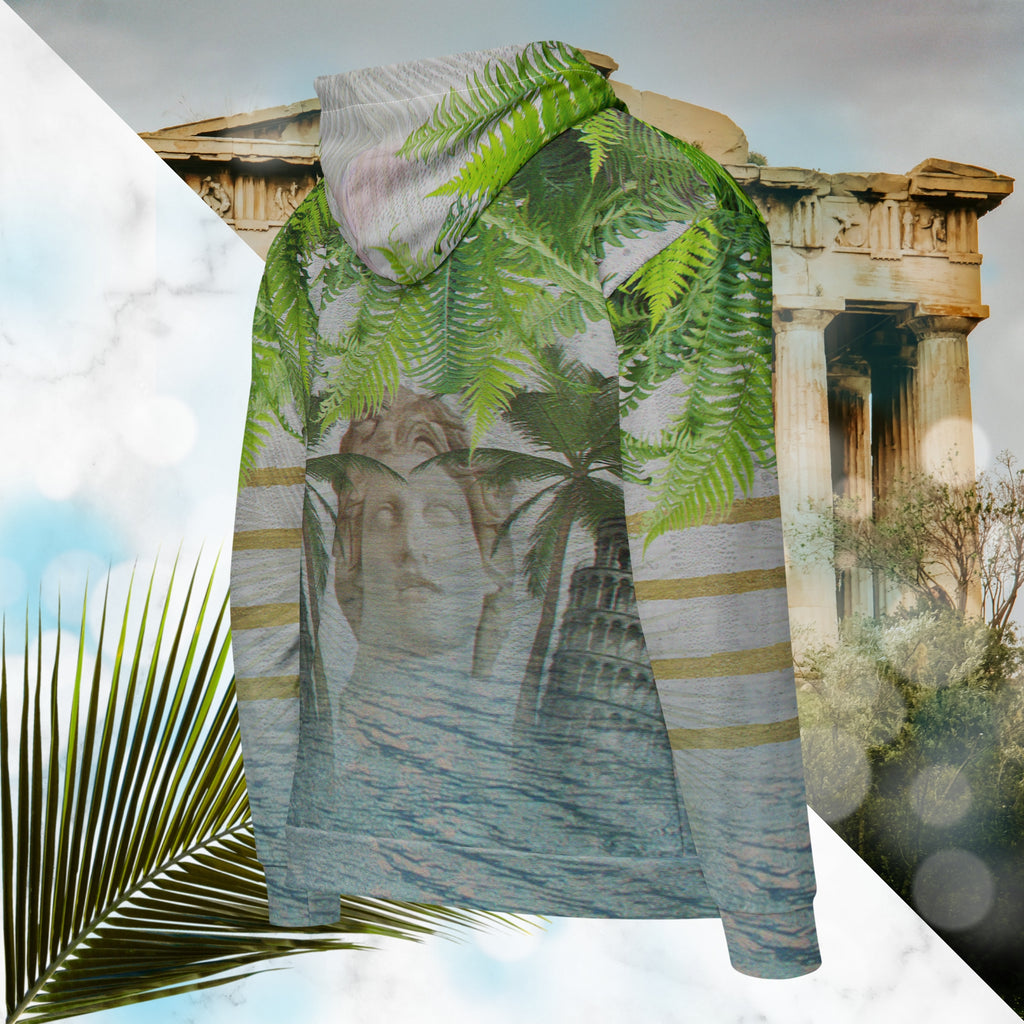 White marble vaporwave themed hoodie with fern leaves tropical plants digital water rain drop effects and retro abstract patterns with greco roman bust with neon pools logo for eyes palm trees and leaning towers on back gold bands on sleeves