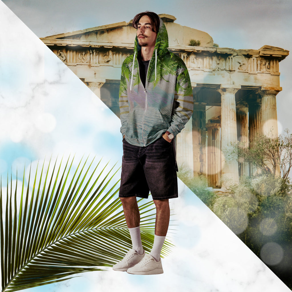 White marble vaporwave themed hoodie with fern leaves tropical plants digital water rain drop effects and retro abstract patterns with greco roman bust with neon pools logo for eyes palm trees and leaning towers on back gold bands on sleeves