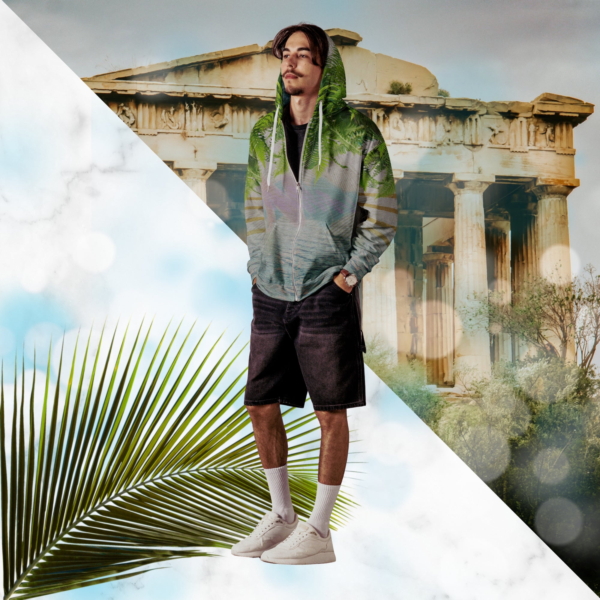 White marble vaporwave themed hoodie with fern leaves tropical plants digital water rain drop effects and retro abstract patterns with greco roman bust with neon pools logo for eyes palm trees and leaning towers on back gold bands on sleeves