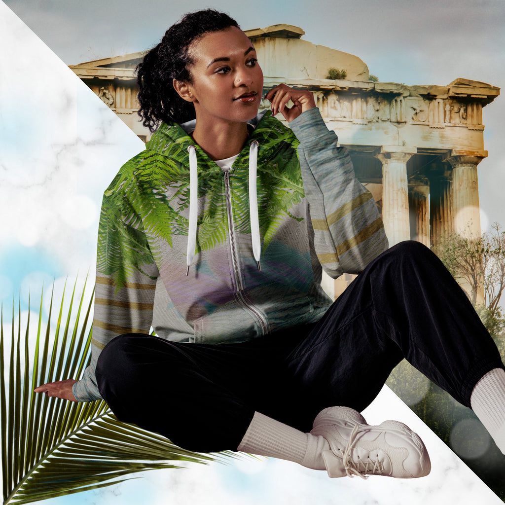 White marble vaporwave themed hoodie with fern leaves tropical plants digital water rain drop effects and retro abstract patterns with greco roman bust with neon pools logo for eyes palm trees and leaning towers on back gold bands on sleeves