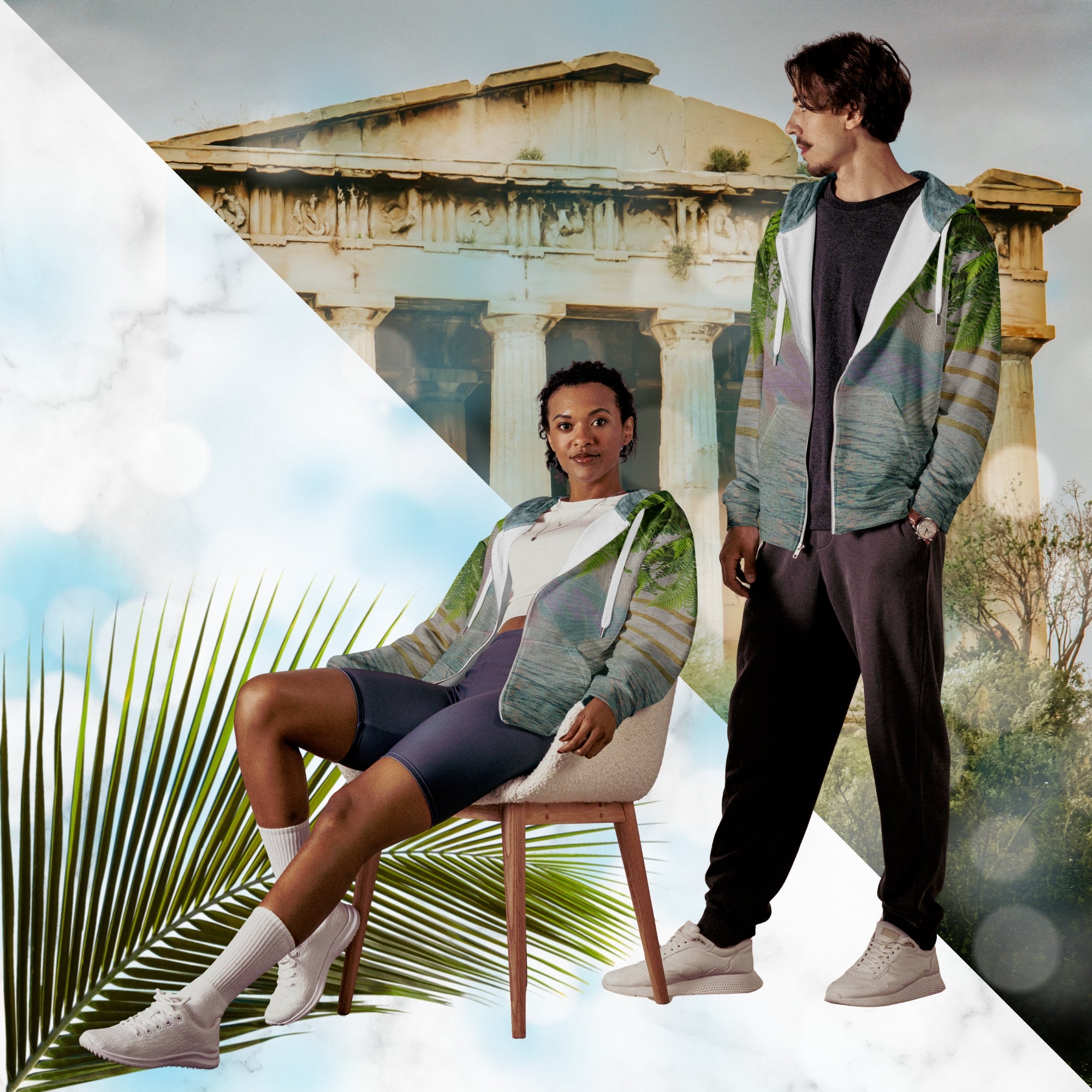 White marble vaporwave themed hoodie with fern leaves tropical plants digital water rain drop effects and retro abstract patterns with greco roman bust with neon pools logo for eyes palm trees and leaning towers on back gold bands on sleeves