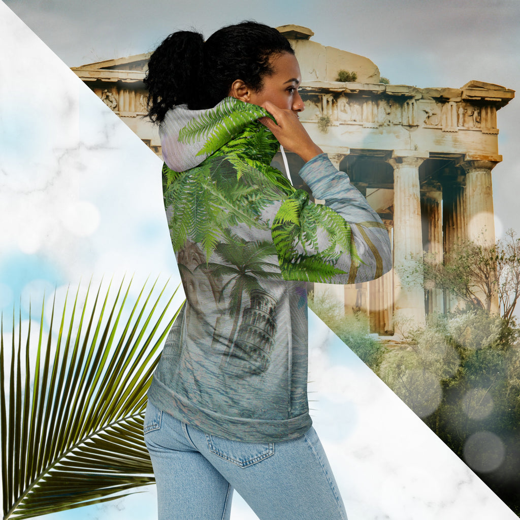 White marble vaporwave themed hoodie with fern leaves tropical plants digital water rain drop effects and retro abstract patterns with greco roman bust with neon pools logo for eyes palm trees and leaning towers on back gold bands on sleeves