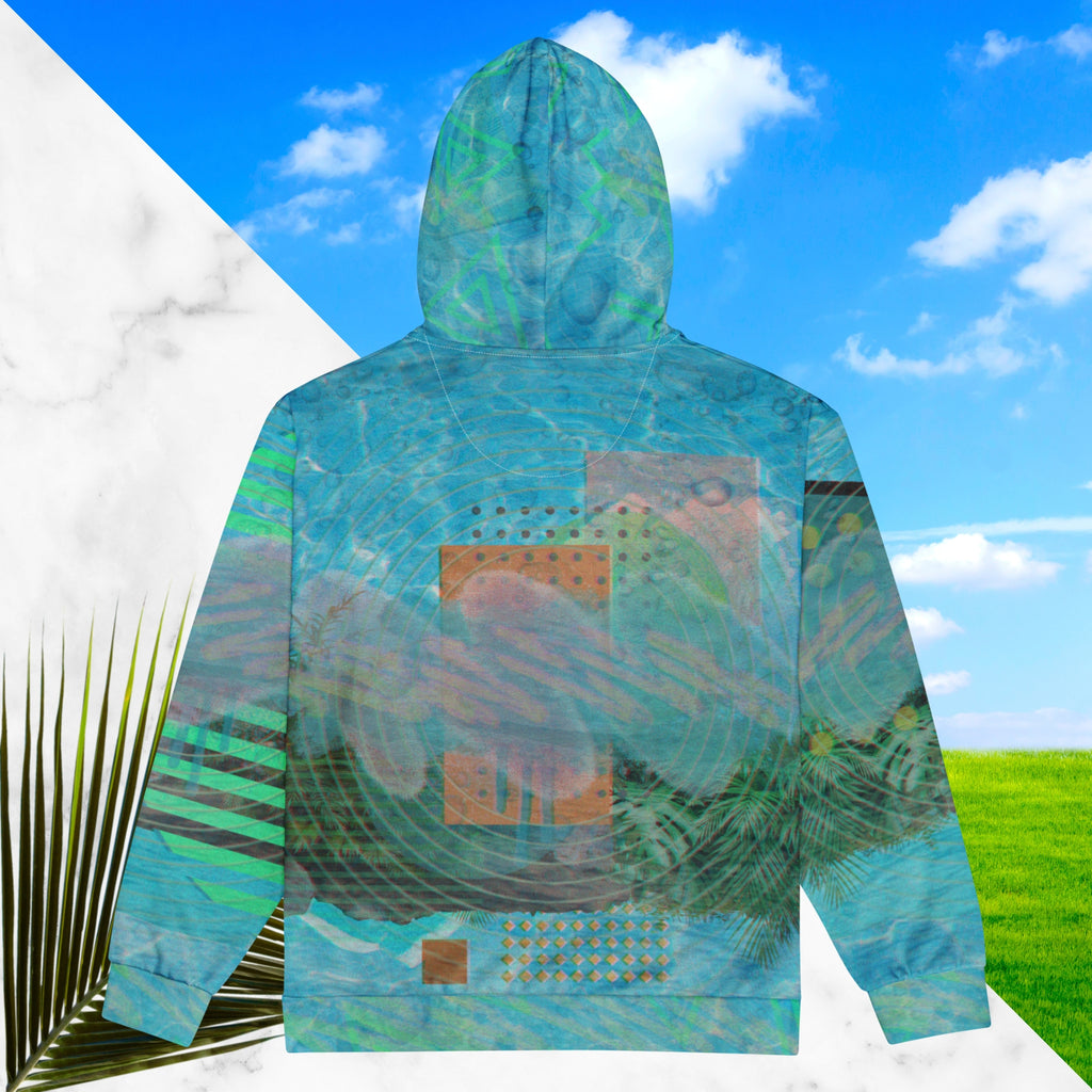 Full color all over print zip hoodie with 90s retro abstract squiggles and blurred concentric rings on top of abstract shapes on top of tropical plants and rocks on top of blue pool water with a VHS distortion blur effect with Memphis design abstract shapes on the seams and hood