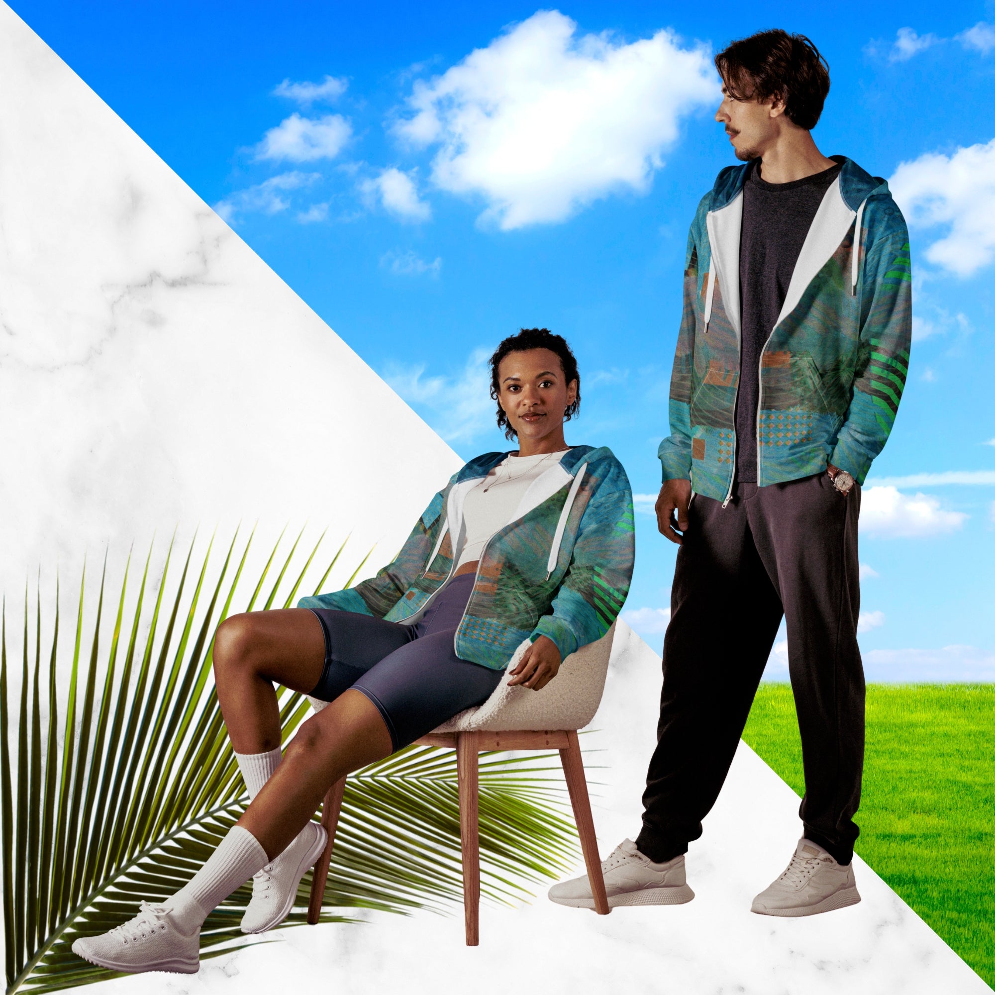 Full color all over print zip hoodie with 90s retro abstract squiggles and blurred concentric rings on top of abstract shapes on top of tropical plants and rocks on top of blue pool water with a VHS distortion blur effect with Memphis design abstract shapes on the seams and hood