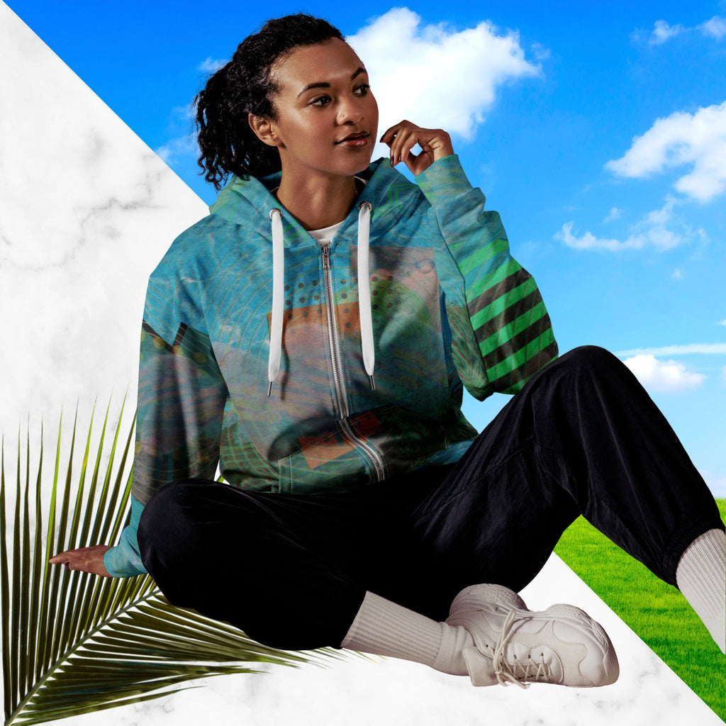 Full color all over print zip hoodie with 90s retro abstract squiggles and blurred concentric rings on top of abstract shapes on top of tropical plants and rocks on top of blue pool water with a VHS distortion blur effect with Memphis design abstract shapes on the seams and hood