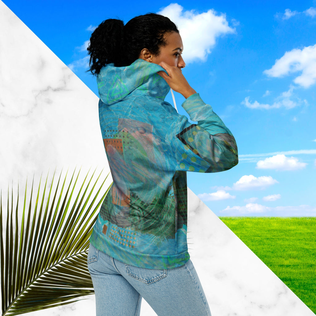 Full color all over print zip hoodie with 90s retro abstract squiggles and blurred concentric rings on top of abstract shapes on top of tropical plants and rocks on top of blue pool water with a VHS distortion blur effect with Memphis design abstract shapes on the seams and hood
