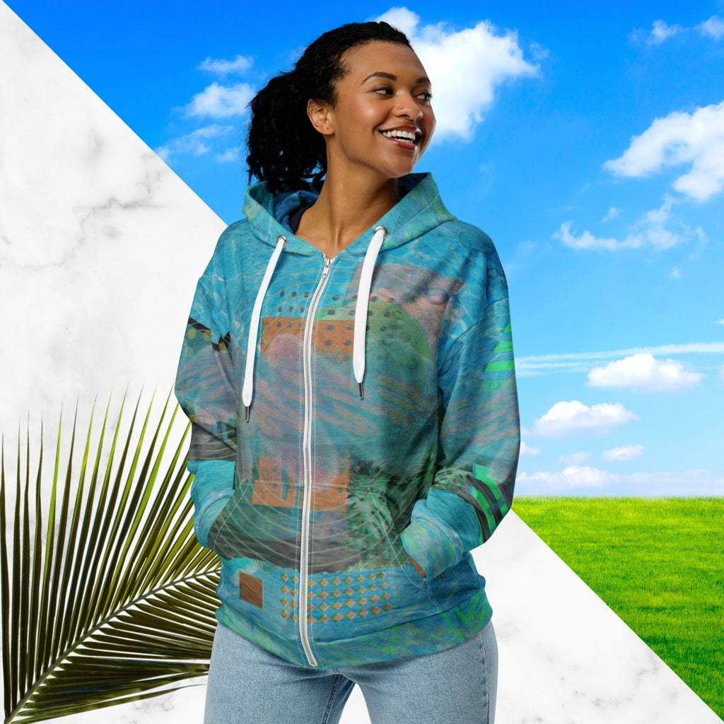 Full color all over print zip hoodie with 90s retro abstract squiggles and blurred concentric rings on top of abstract shapes on top of tropical plants and rocks on top of blue pool water with a VHS distortion blur effect with Memphis design abstract shapes on the seams and hood
