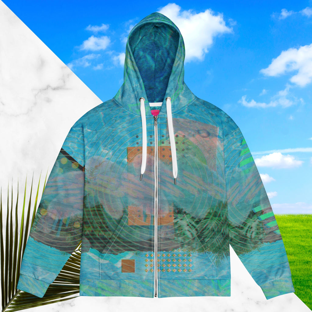 Full color all over print zip hoodie with 90s retro abstract squiggles and blurred concentric rings on top of abstract shapes on top of tropical plants and rocks on top of blue pool water with a VHS distortion blur effect with Memphis design abstract shapes on the seams and hood