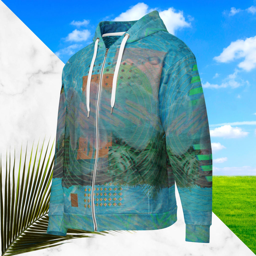 Full color all over print zip hoodie with 90s retro abstract squiggles and blurred concentric rings on top of abstract shapes on top of tropical plants and rocks on top of blue pool water with a VHS distortion blur effect with Memphis design abstract shapes on the seams and hood