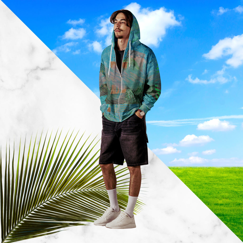 Full color all over print zip hoodie with 90s retro abstract squiggles and blurred concentric rings on top of abstract shapes on top of tropical plants and rocks on top of blue pool water with a VHS distortion blur effect with Memphis design abstract shapes on the seams and hood