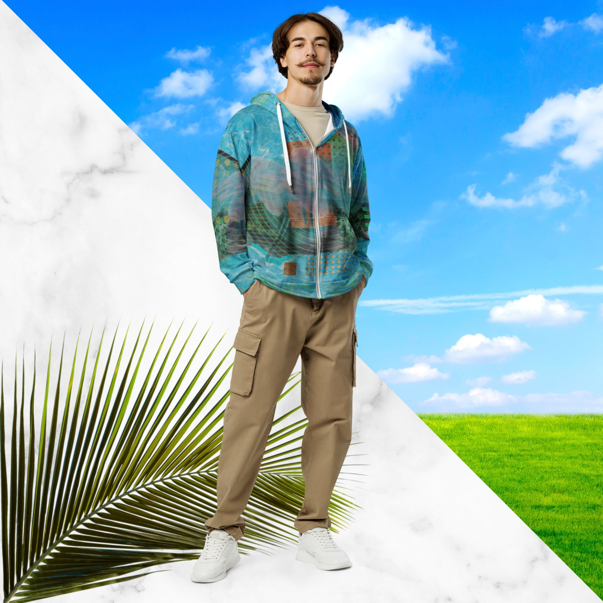 Full color all over print zip hoodie with 90s retro abstract squiggles and blurred concentric rings on top of abstract shapes on top of tropical plants and rocks on top of blue pool water with a VHS distortion blur effect with Memphis design abstract shapes on the seams and hood