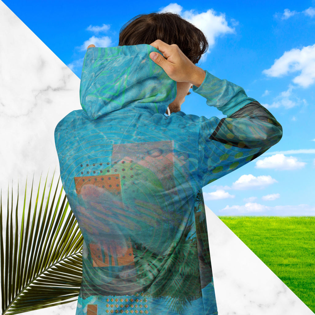 Full color all over print zip hoodie with 90s retro abstract squiggles and blurred concentric rings on top of abstract shapes on top of tropical plants and rocks on top of blue pool water with a VHS distortion blur effect with Memphis design abstract shapes on the seams and hood