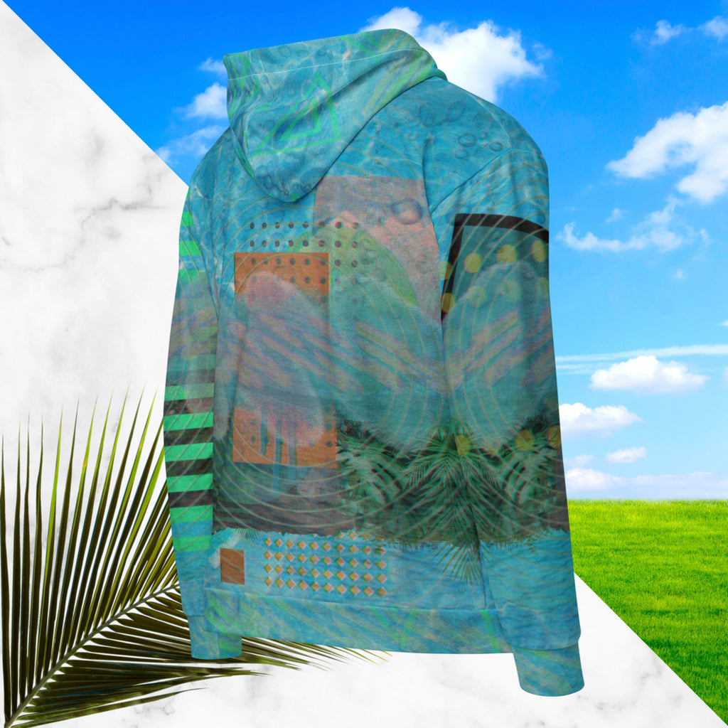 Full color all over print zip hoodie with 90s retro abstract squiggles and blurred concentric rings on top of abstract shapes on top of tropical plants and rocks on top of blue pool water with a VHS distortion blur effect with Memphis design abstract shapes on the seams and hood