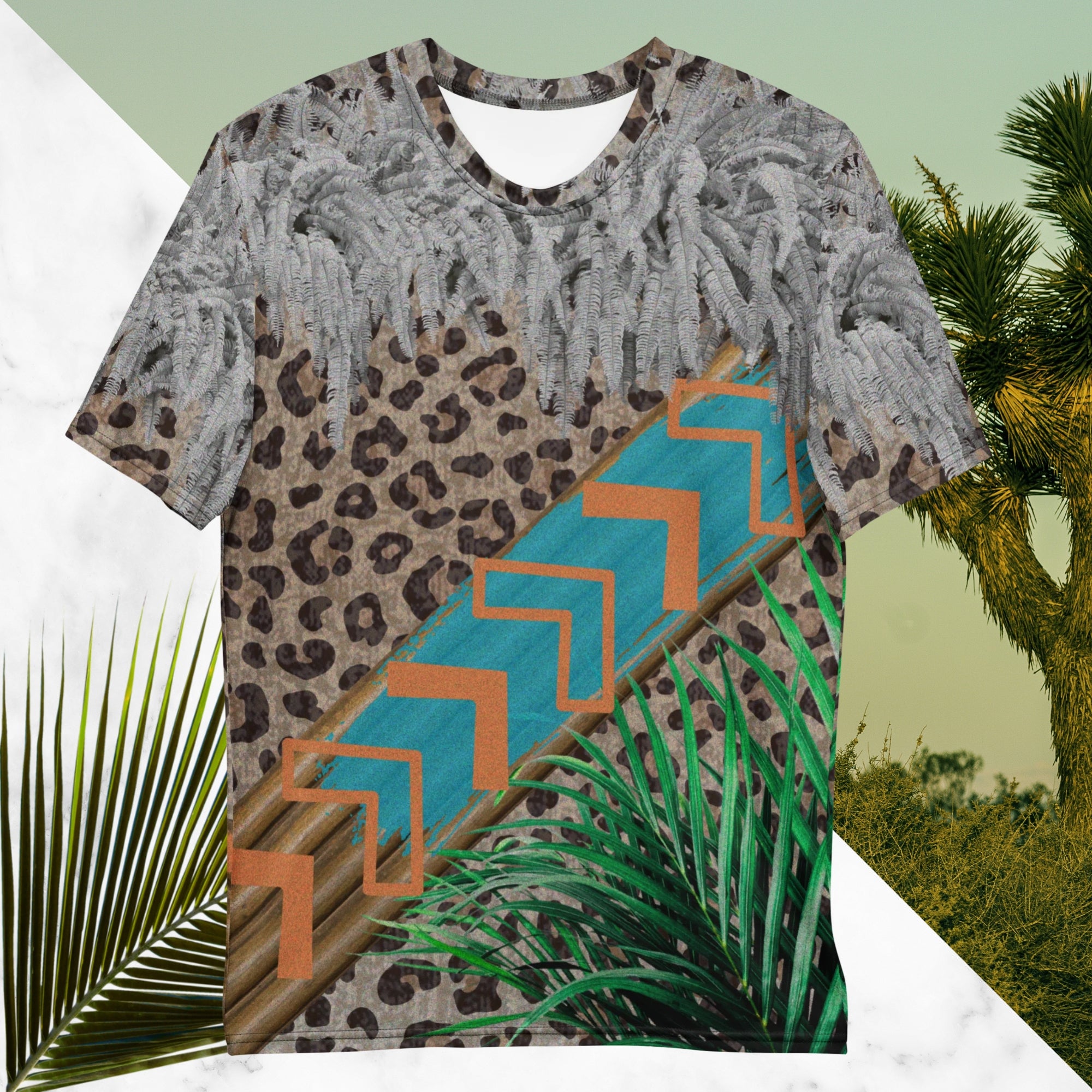 Full color all over print graphic tee shirt with detailed leopard print background, diagonal wood slats from one corner to the other a bold sky blue brush stroke across the wood overlayed with neon orange solid and opaque Memphis Design style boomerang shapes at the top is an overhang of 3d detailed white fern leaves and a tropical plant in foreground