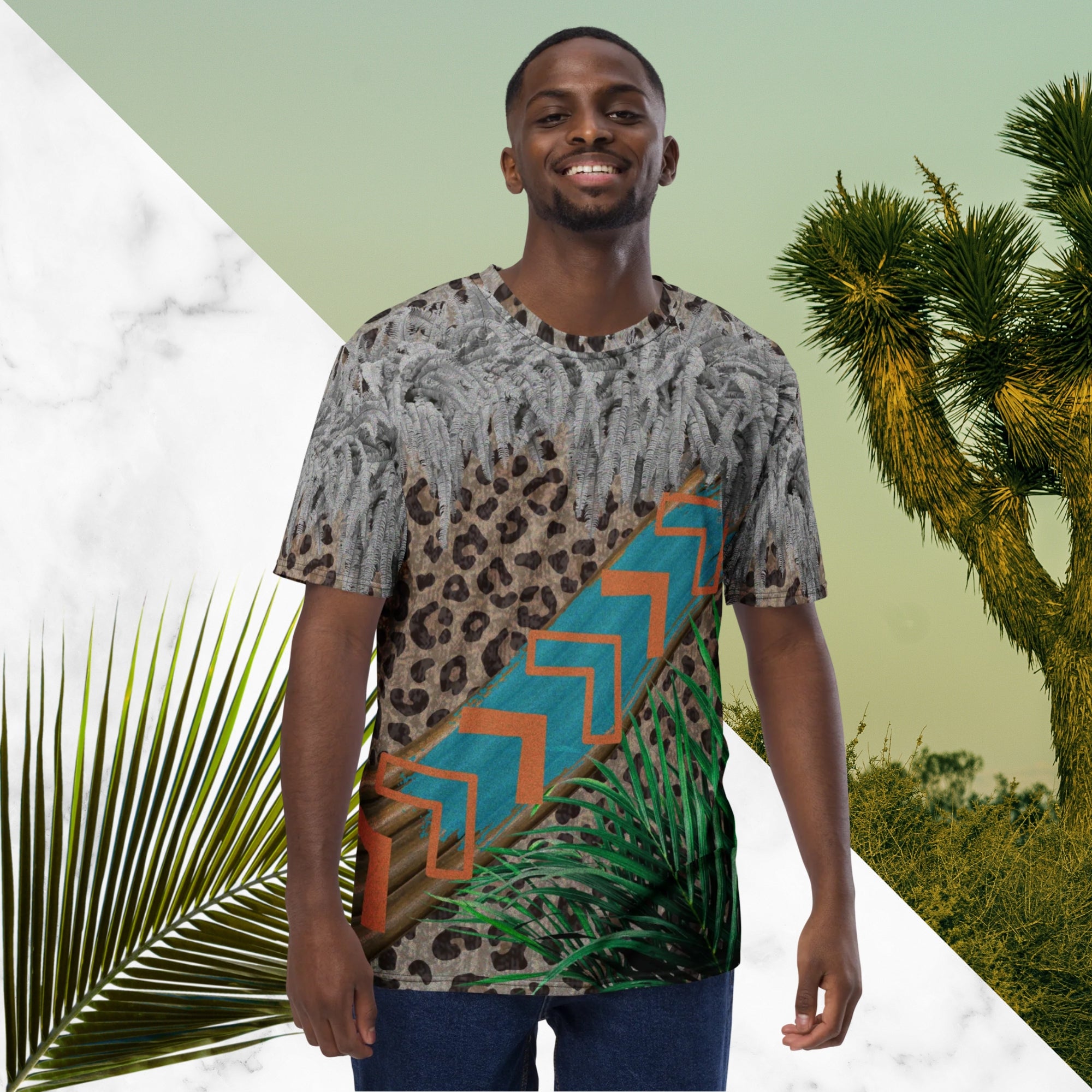 Full color all over print graphic tee shirt with detailed leopard print background, diagonal wood slats from one corner to the other a bold sky blue brush stroke across the wood overlayed with neon orange solid and opaque Memphis Design style boomerang shapes at the top is an overhang of 3d detailed white fern leaves and a tropical plant in foreground