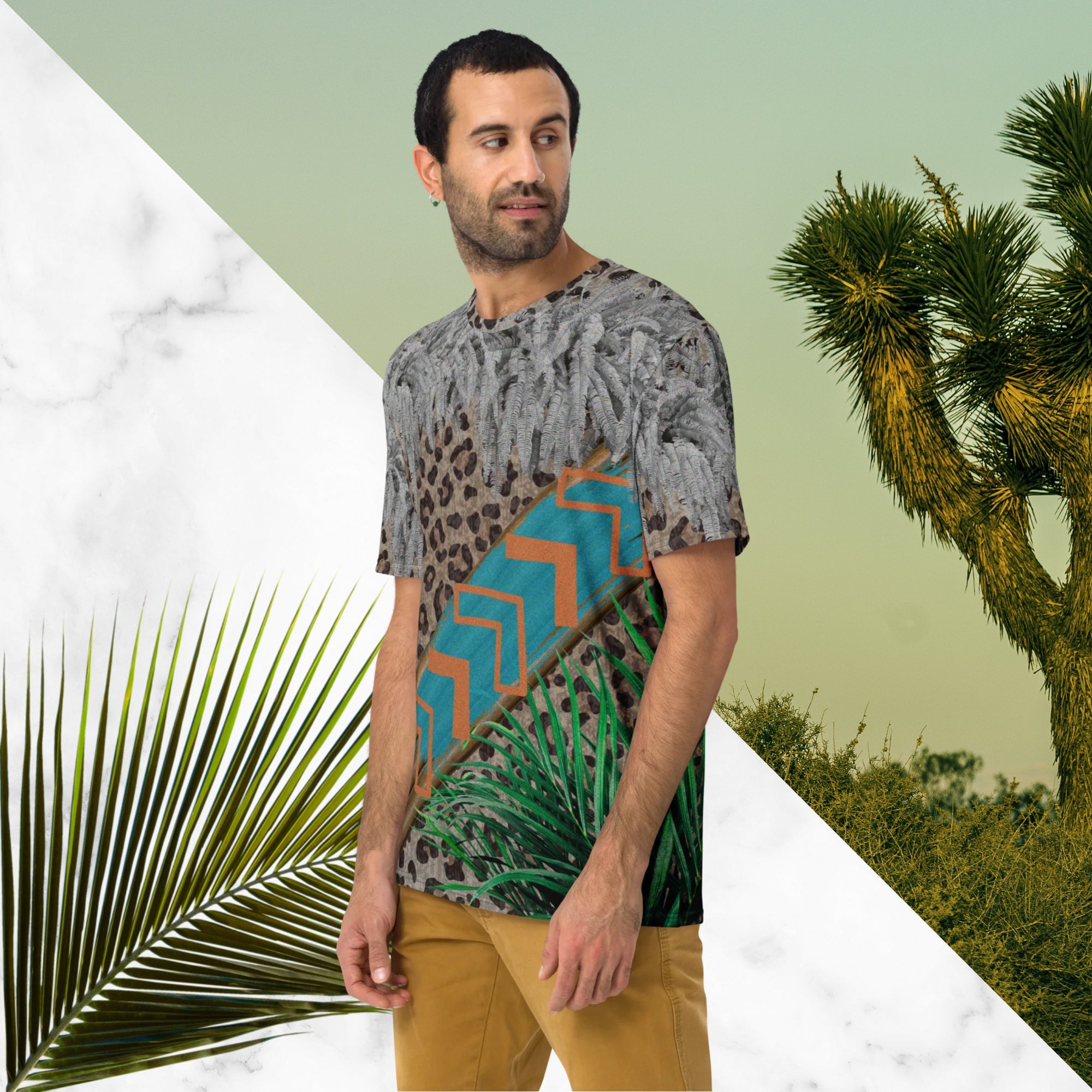 Full color all over print graphic tee shirt with detailed leopard print background, diagonal wood slats from one corner to the other a bold sky blue brush stroke across the wood overlayed with neon orange solid and opaque Memphis Design style boomerang shapes at the top is an overhang of 3d detailed white fern leaves and a tropical plant in foreground