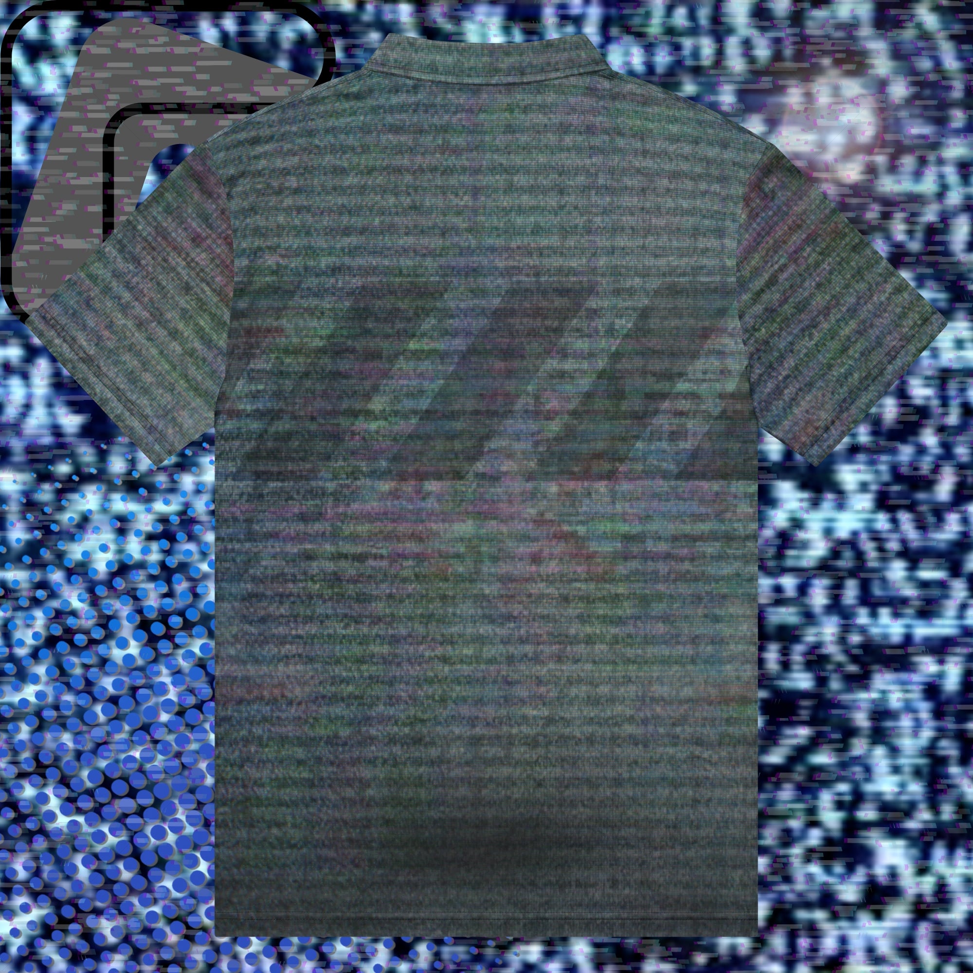 Gray and black polo shirt with multicolored distortion resembling static from an old television with bold diagonal black backslash stripes across the chest with RGB distortion and VHS scanlines