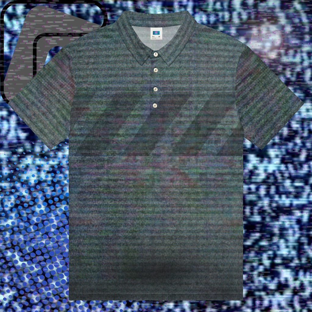 Gray and black polo shirt with multicolored distortion resembling static from an old television with bold diagonal black backslash stripes across the chest with RGB distortion and VHS scanlines