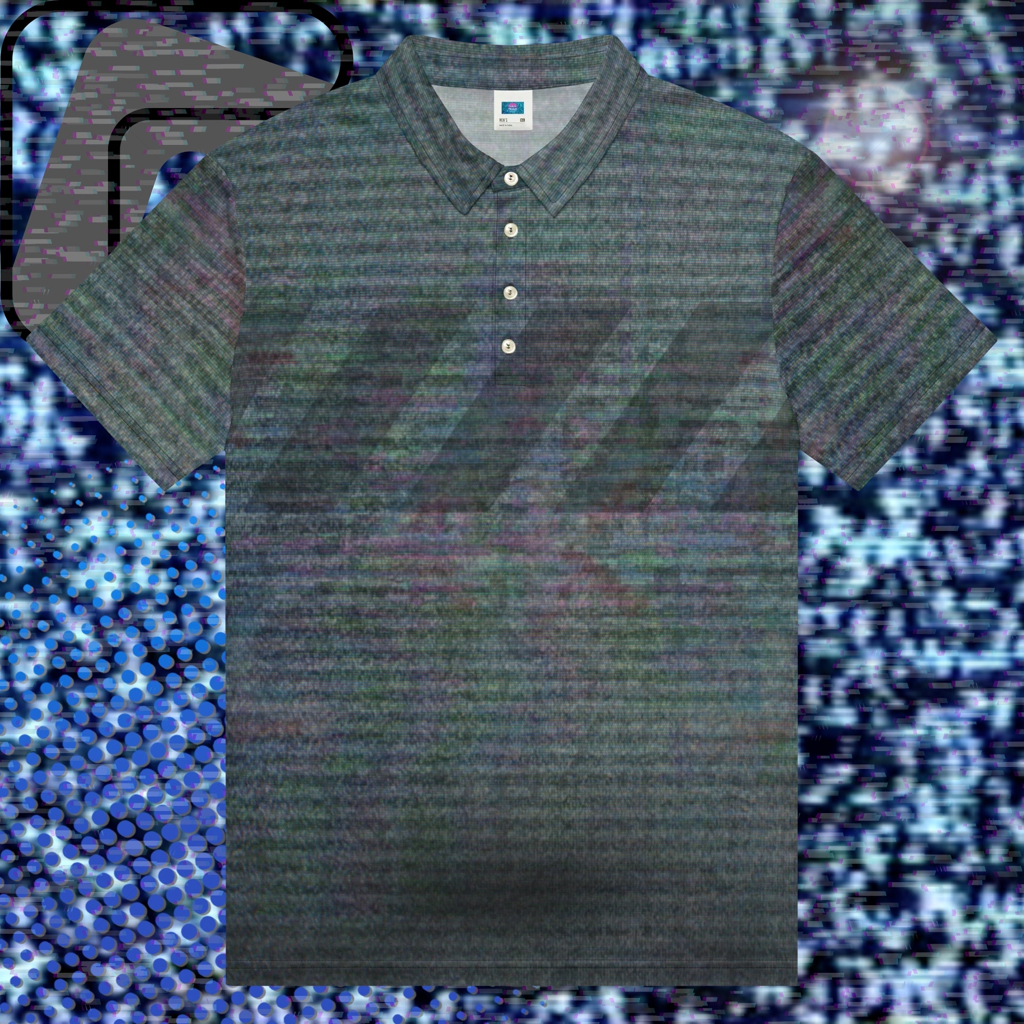 Gray and black polo shirt with multicolored distortion resembling static from an old television with bold diagonal black backslash stripes across the chest with RGB distortion and VHS scanlines