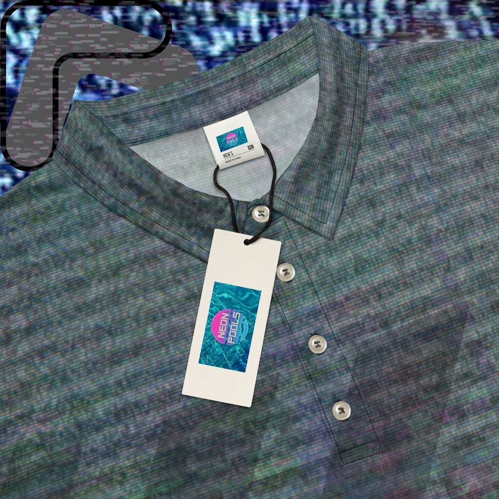 Closeup of the collar and Neon Pools logo insignia on the label of a gray and black polo shirt with multicolored distortion resembling static from an old television with bold diagonal black backslash stripes across the chest with RGB distortion and VHS scanlines