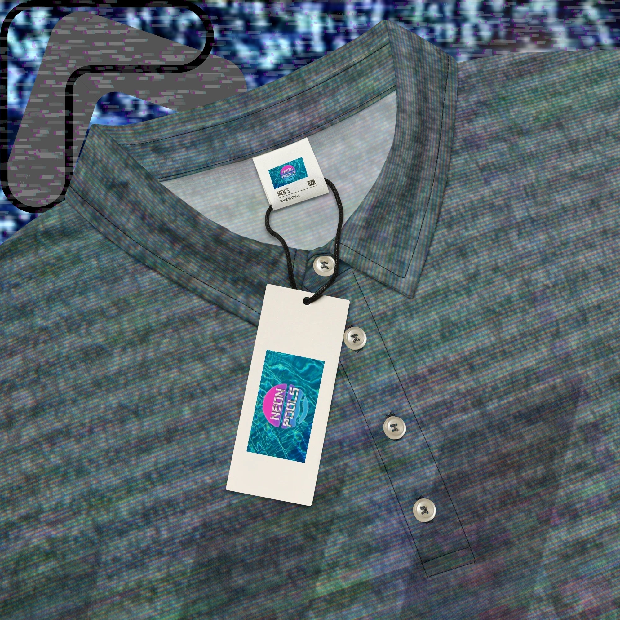 Closeup of the collar and Neon Pools logo insignia on the label of a gray and black polo shirt with multicolored distortion resembling static from an old television with bold diagonal black backslash stripes across the chest with RGB distortion and VHS scanlines
