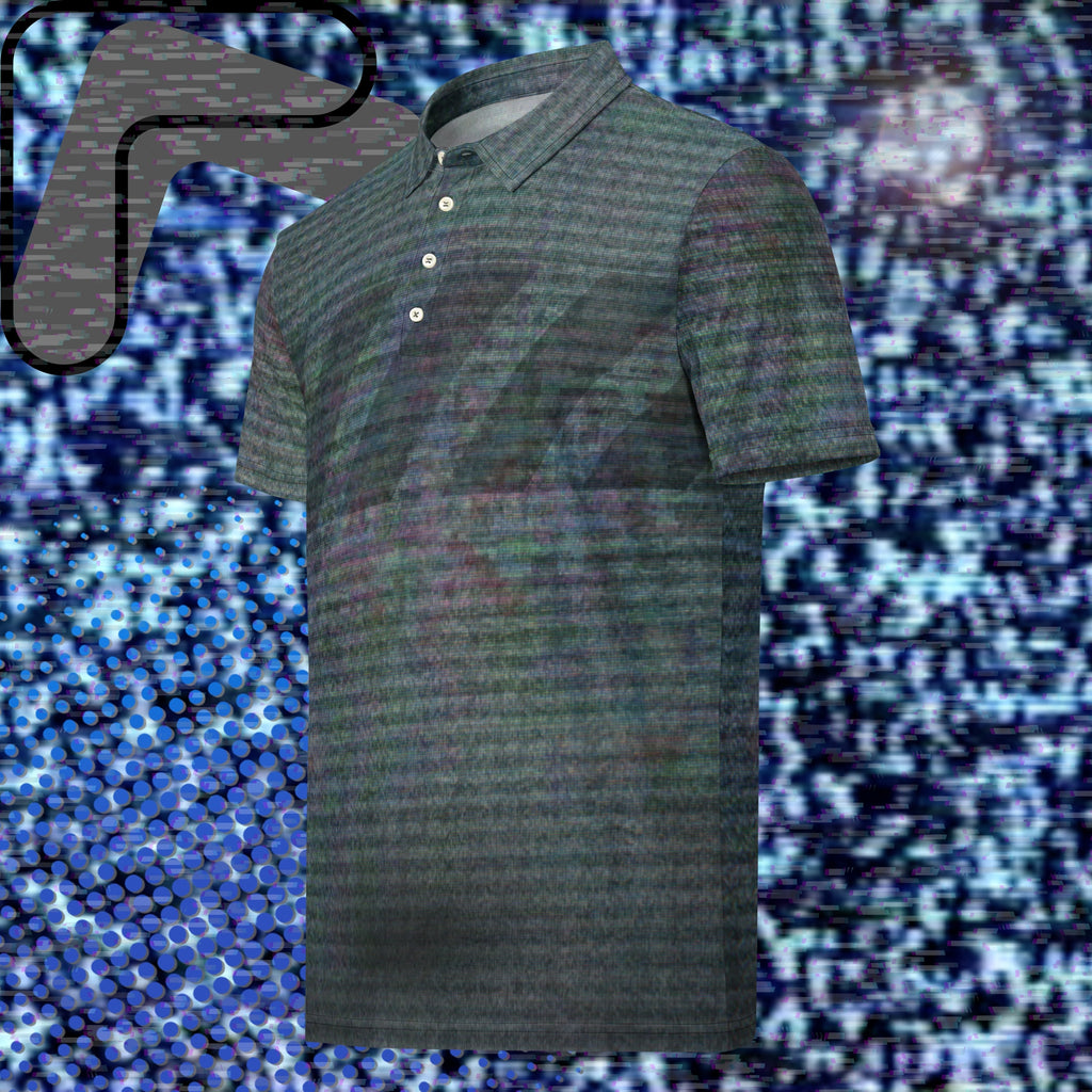 Gray and black polo shirt with multicolored distortion resembling static from an old television with bold diagonal black backslash stripes across the chest with RGB distortion and VHS scanlines
