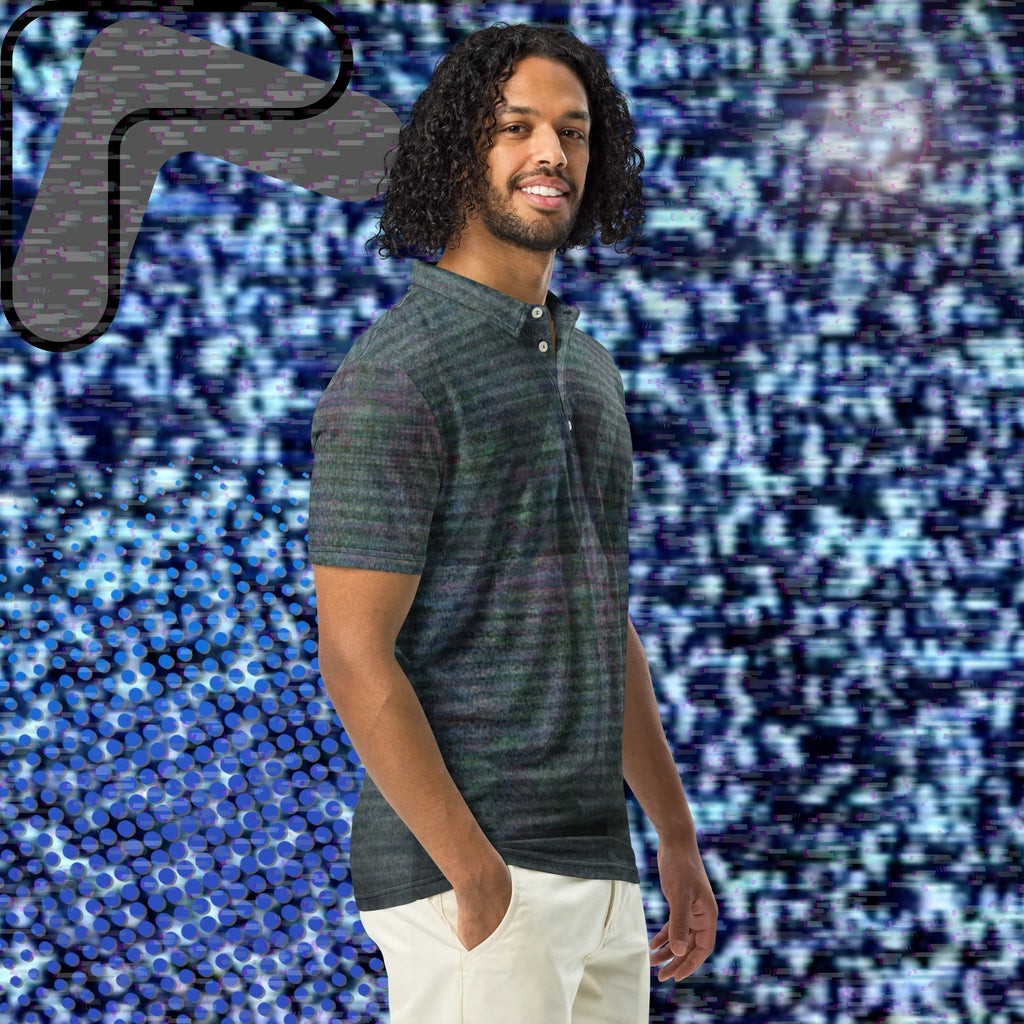 Gray and black polo shirt with multicolored distortion resembling static from an old television with bold diagonal black backslash stripes across the chest with RGB distortion and VHS scanlines
