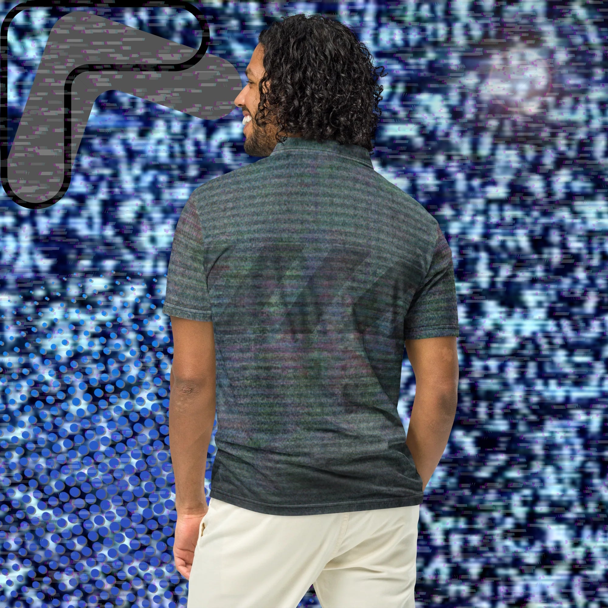 Gray and black polo shirt with multicolored distortion resembling static from an old television with bold diagonal black backslash stripes across the chest with RGB distortion and VHS scanlines