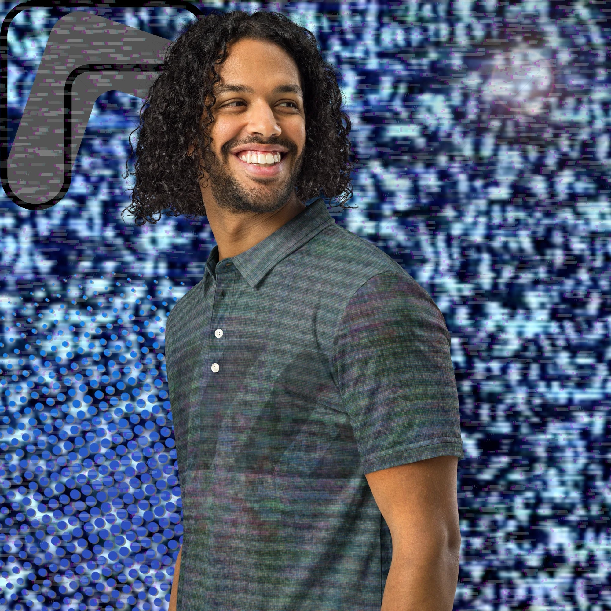 Gray and black polo shirt with multicolored distortion resembling static from an old television with bold diagonal black backslash stripes across the chest with RGB distortion and VHS scanlines