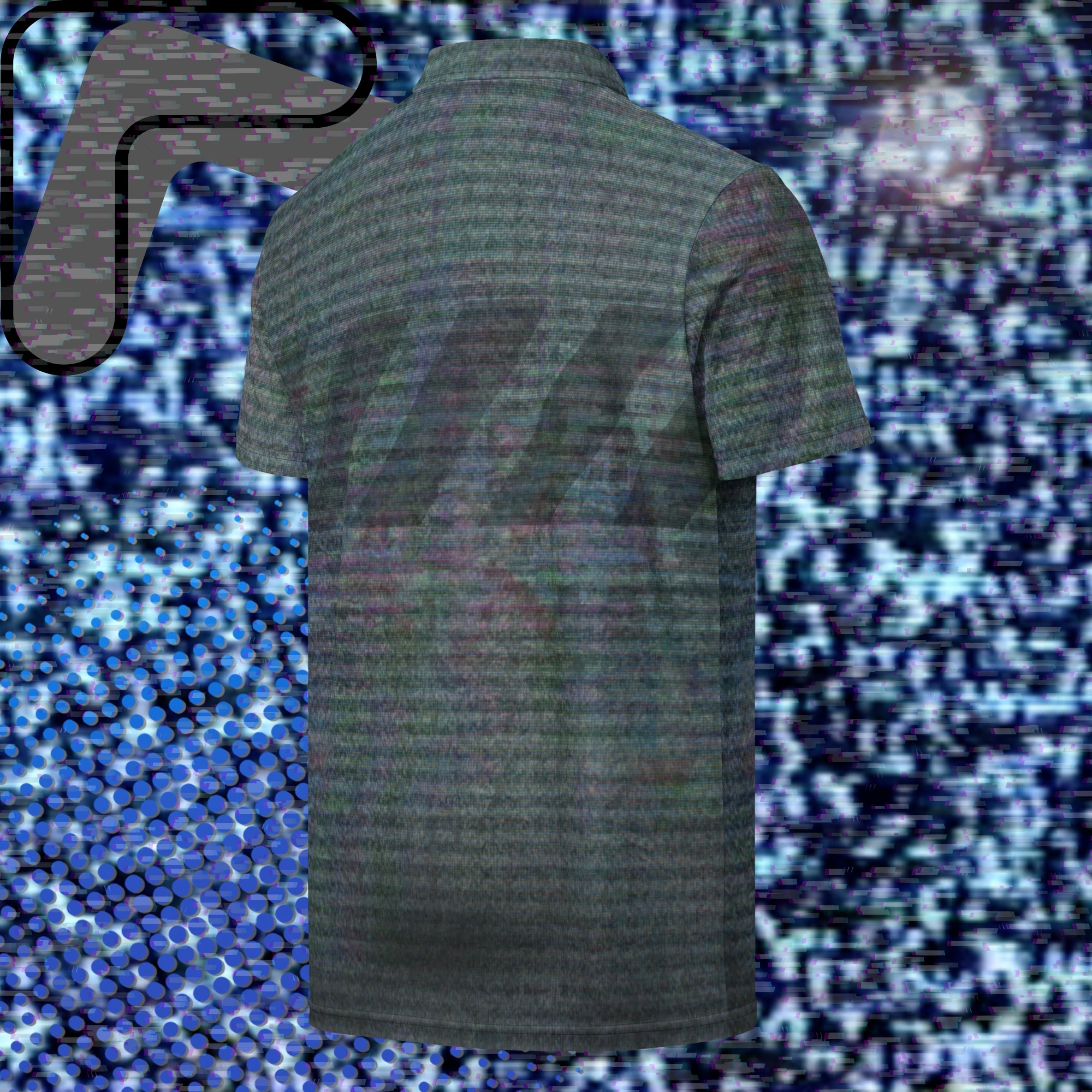 Gray and black polo shirt with multicolored distortion resembling static from an old television with bold diagonal black backslash stripes across the chest with RGB distortion and VHS scanlines
