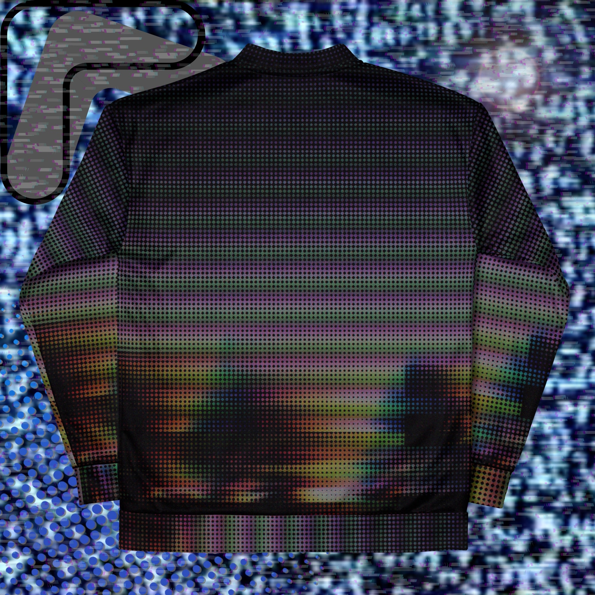 Primarily black full color all over print bomber jacket with a distorted and glitched aurora borealis sunset behind warped pine trees overlayed with black dots forming retro television scan lines and vibrant iridescent shades of color darkening towards the top