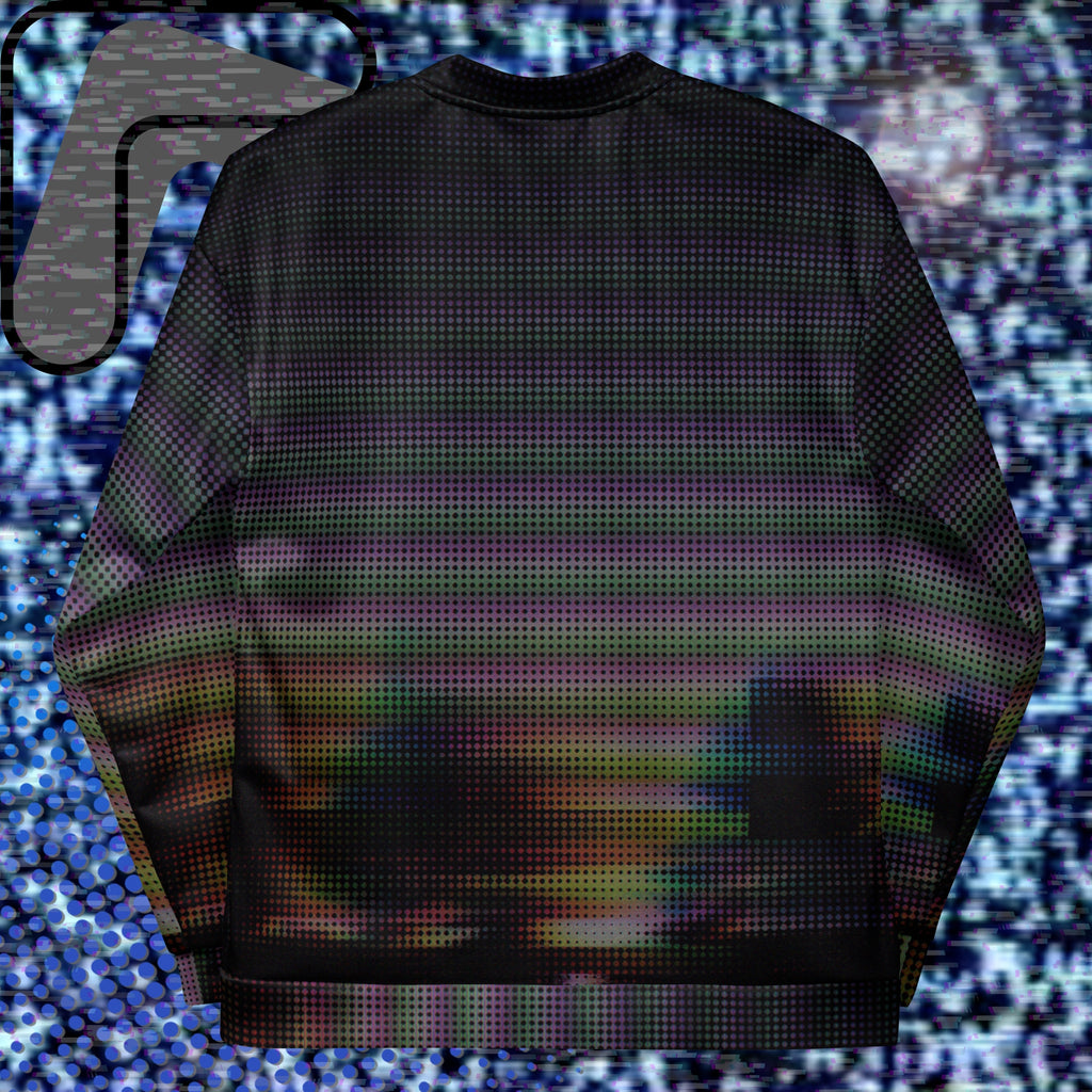 Primarily black full color all over print bomber jacket with a distorted and glitched aurora borealis sunset behind warped pine trees overlayed with black dots forming retro television scan lines and vibrant iridescent shades of color darkening towards the top