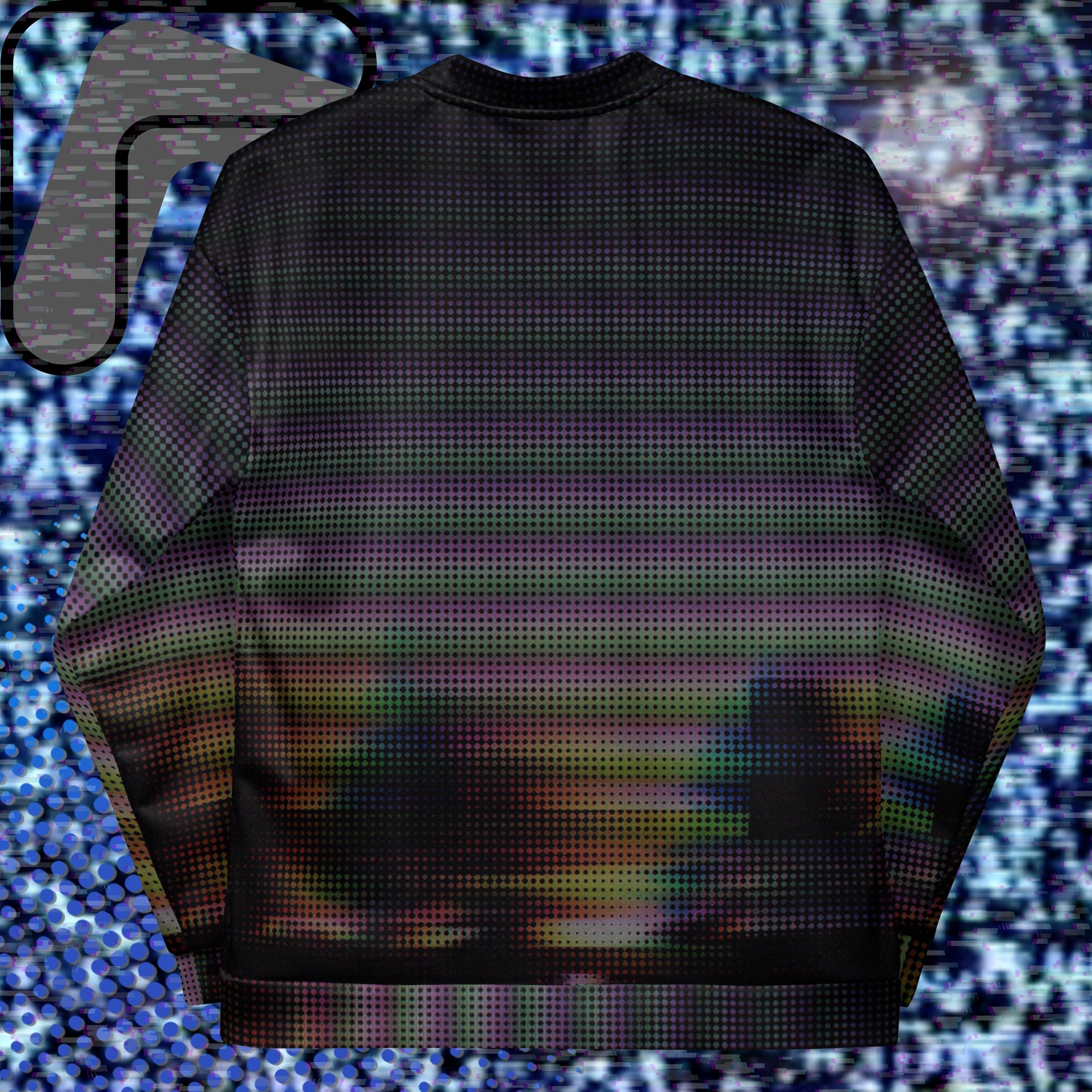 Primarily black full color all over print bomber jacket with a distorted and glitched aurora borealis sunset behind warped pine trees overlayed with black dots forming retro television scan lines and vibrant iridescent shades of color darkening towards the top
