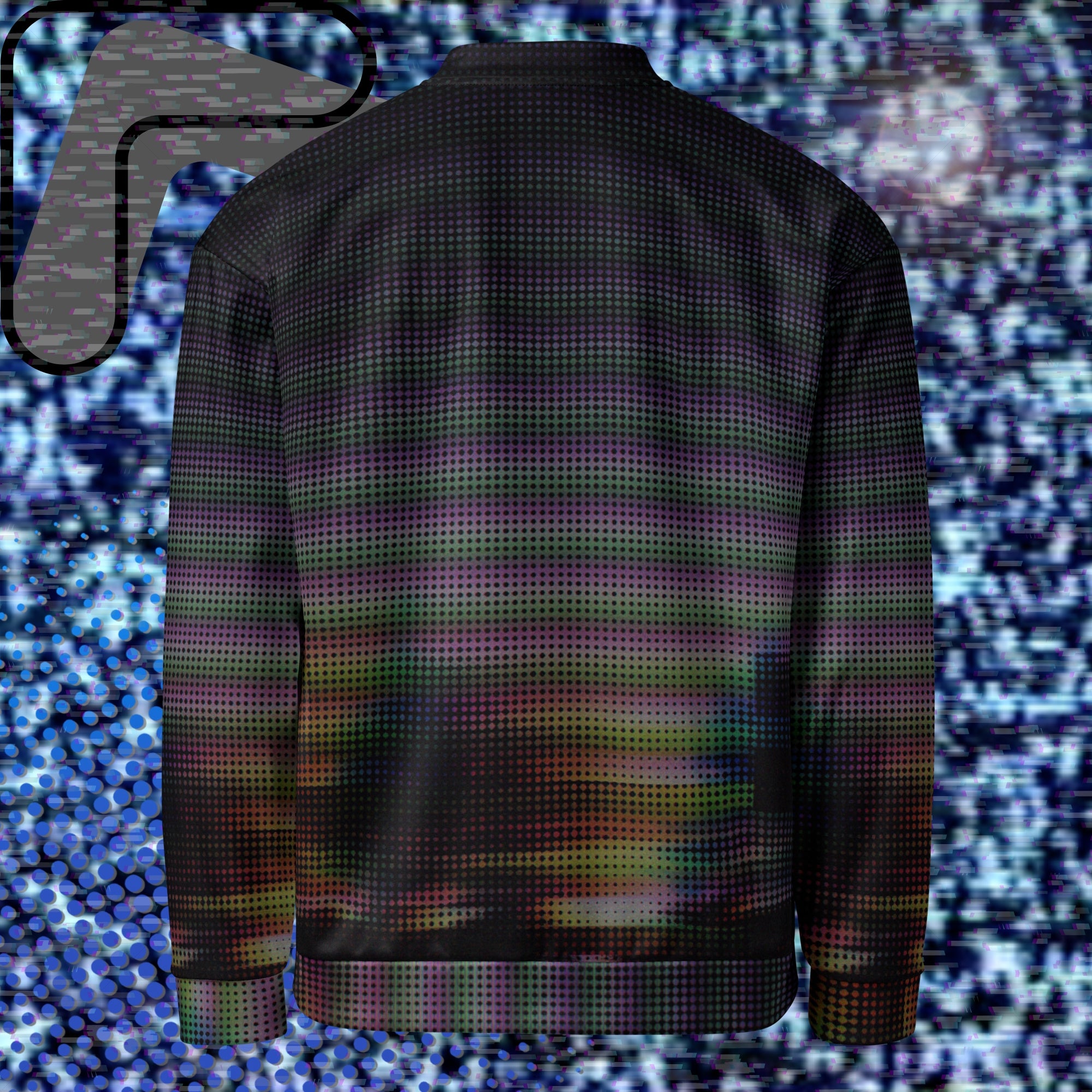 Primarily black full color all over print bomber jacket with a distorted and glitched aurora borealis sunset behind warped pine trees overlayed with black dots forming retro television scan lines and vibrant iridescent shades of color darkening towards the top