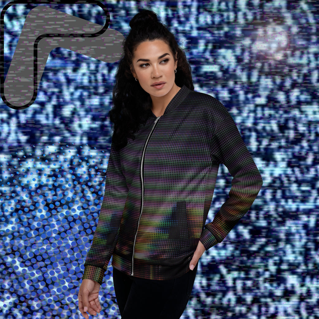 Primarily black full color all over print bomber jacket with a distorted and glitched aurora borealis sunset behind warped pine trees overlayed with black dots forming retro television scan lines and vibrant iridescent shades of color darkening towards the top