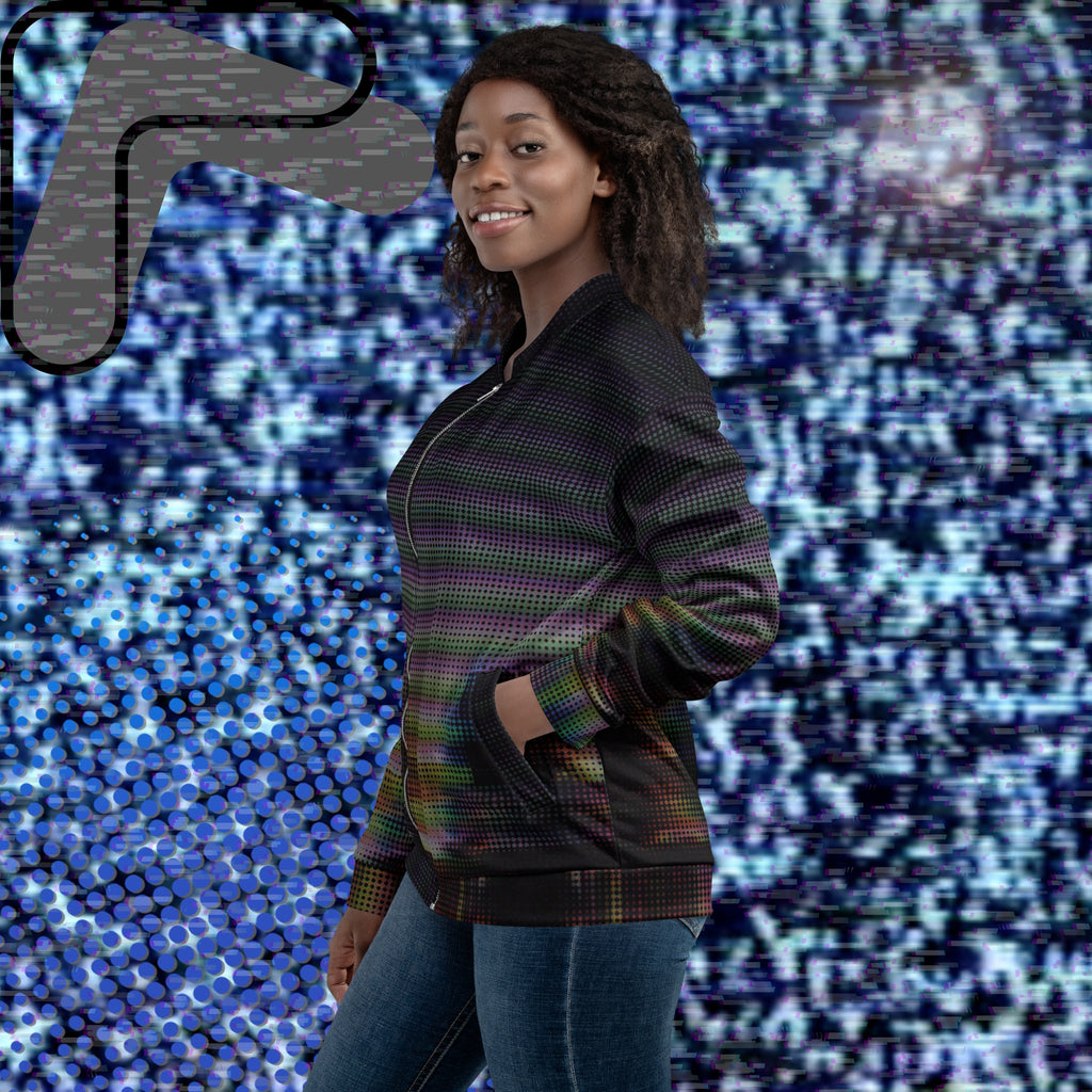Primarily black full color all over print bomber jacket with a distorted and glitched aurora borealis sunset behind warped pine trees overlayed with black dots forming retro television scan lines and vibrant iridescent shades of color darkening towards the top