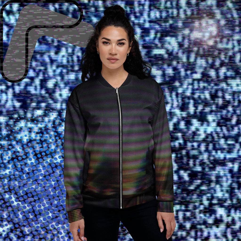 Primarily black full color all over print bomber jacket with a distorted and glitched aurora borealis sunset behind warped pine trees overlayed with black dots forming retro television scan lines and vibrant iridescent shades of color darkening towards the top