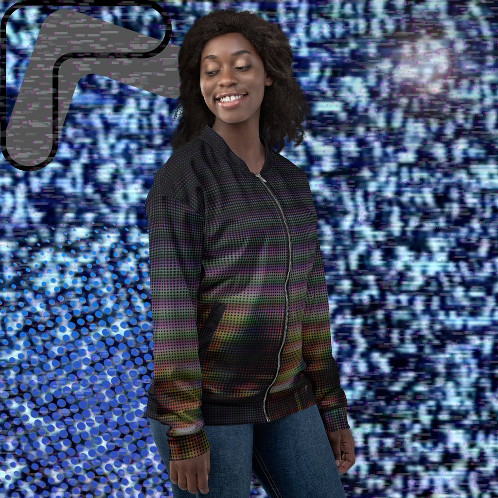 Primarily black full color all over print bomber jacket with a distorted and glitched aurora borealis sunset behind warped pine trees overlayed with black dots forming retro television scan lines and vibrant iridescent shades of color darkening towards the top