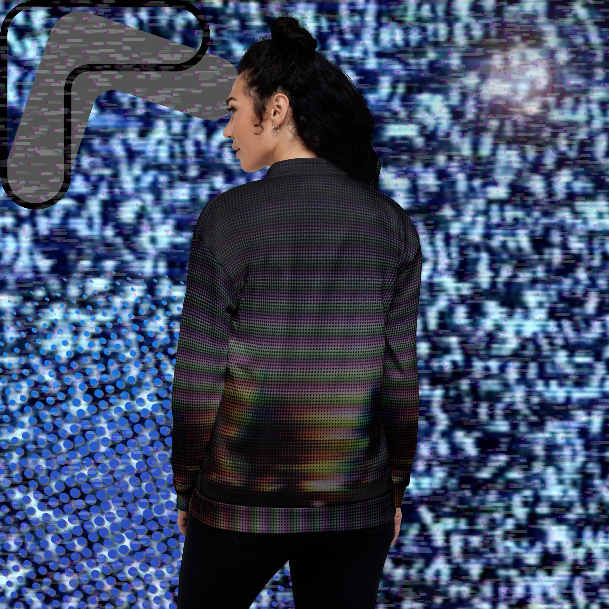 Primarily black full color all over print bomber jacket with a distorted and glitched aurora borealis sunset behind warped pine trees overlayed with black dots forming retro television scan lines and vibrant iridescent shades of color darkening towards the top